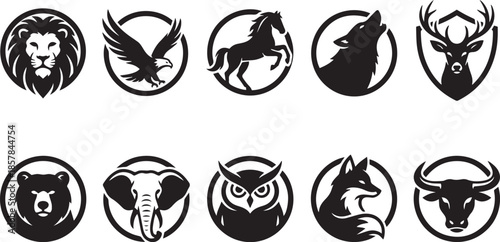 Monochrome icons set of wild animals in circle for logo or print vector