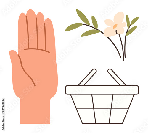 Open palm gesture paired with simple floral sprig and empty wire basket. Ideal for sustainability, giving, eco-conscious living, charity, simplicity, mindfulness, and nature. A clean flat metaphor