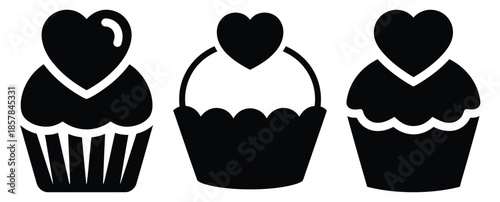 heart cupcake silhouette icon set, black color and white background