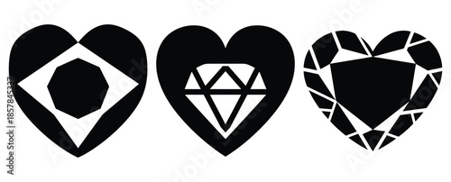 heart diamond silhouette icon set, black color and white background