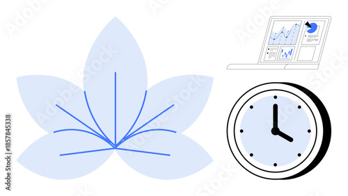 Productivity, time management, analytics, wellness, efficiency, data visualization. Artwork of clock, lotus flower and laptop screen displaying data charts. Productivity and time management concept