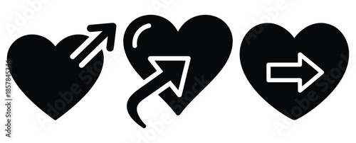 heart direction silhouette icon set, black color and white background