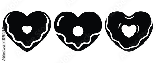 heart donut silhouette icon set, black color and white background