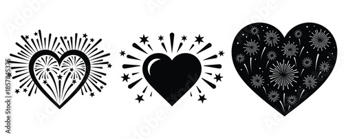 heart fireworks night icon silhouette icon set, black color and white background