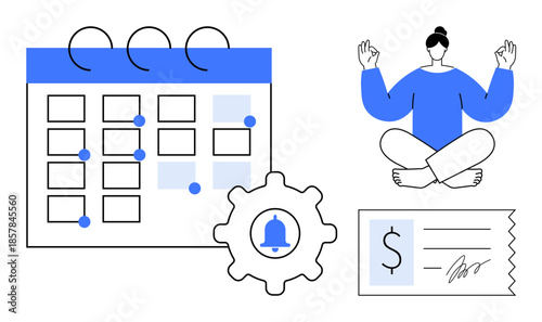 Productivity, time management, wellness, reminders, financial planning, mindfulness. A calendar with icons for notifications, transactions and meditation. Time management and wellness integration