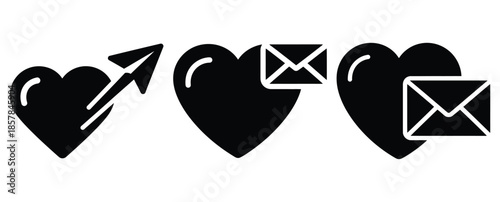 heart message sent icon silhouette icon set, black color and white background