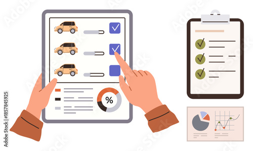 Hands selecting cars on a checklist tablet, clipboard with tasks marked, pie chart and graphs. Ideal for automotive industry, inspection, decision-making, research, project planning, quality control