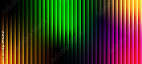 Gradient Abstract ripple texture with yellow, orange, green, blue, purple, magenta black tone background. Sharp ribbed distortion, cinematic glow; futuristic texture background, vector illustration.  