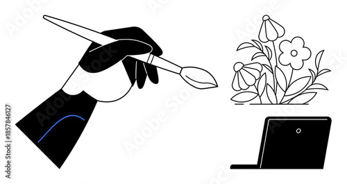 Creativity, digital art, online design, artistic tools, education, technology. A hand holding a brush painting flowers near a laptop. Creativity and digital art concept