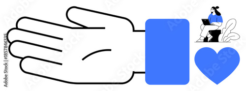 Support concept. Open hand gesture, heart symbol, and seated woman using laptop for connection and help. Support fostering care, digital communication, and teamwork. For mental health, outreach