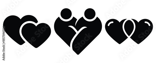 heart togetherness silhouette icon set, black color and white background
