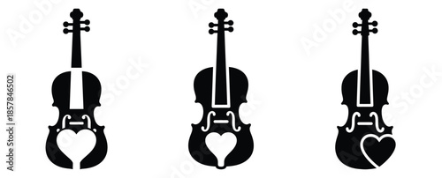 heart violin silhouette icon set, black color and white background
