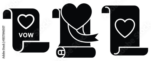heart vow scroll icon silhouette icon set, black color and white background