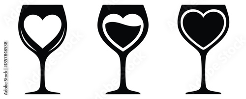 heart wine glass icon silhouette icon set, black color and white background
