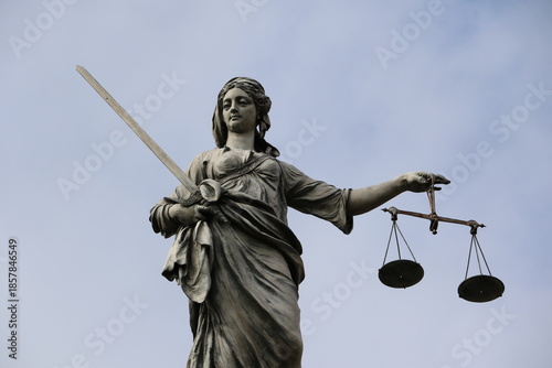Statue de la Justice surplombant la façade de la cour intérieure du château de Dublin