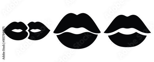 kiss lips silhouette icon set, black color and white background