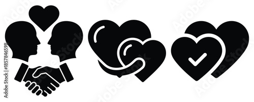 love agreement silhouette icon set, black color and white background