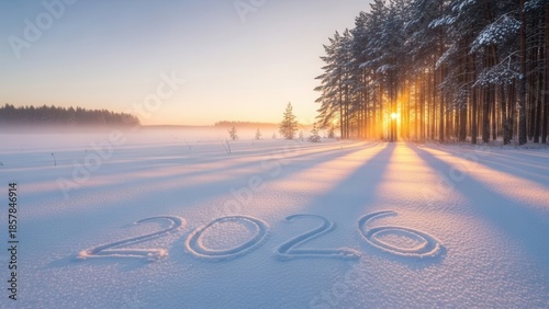 Winter sunrise in snowy landscape with 2026 written in fresh snow.