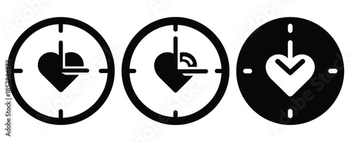 love clock silhouette icon set, black color and white background