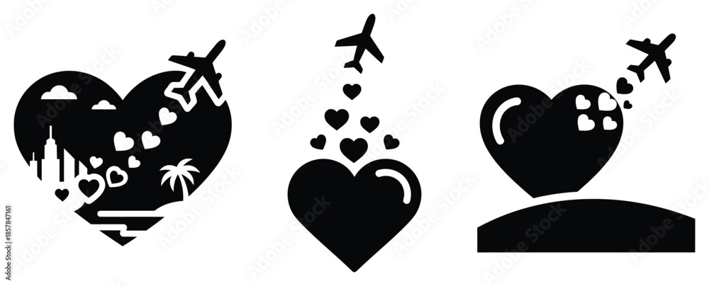 Fototapeta premium love destination silhouette icon set, black color and white background