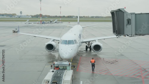 Ground crew walking alongside jet during pushback operation on rainy tarmac. Worker signals to tow tug driver while moving passenger aircraft from terminal gate.