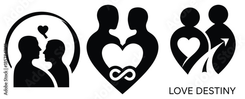 love destiny silhouette icon set, black color and white background