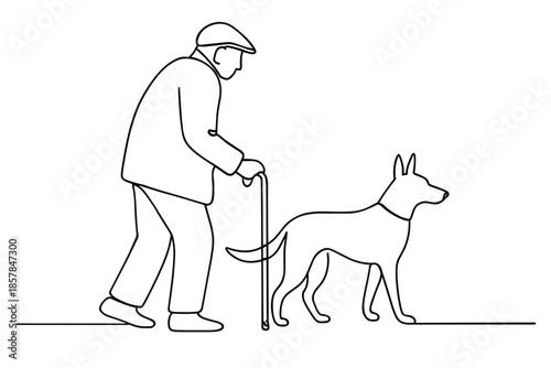 Elderly man with walking stick and dog on a leash, simple line art illustration