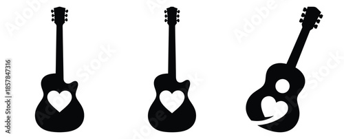 love guitar silhouette icon set, black color and white background