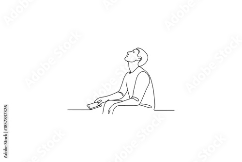 Minimalist line art of a man looking up while holding a remote control