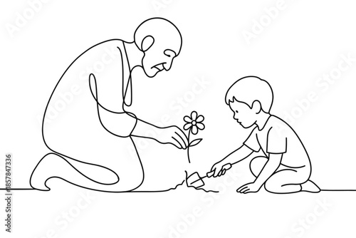 Grandparent and child planting a flower together in a minimalist line art style
