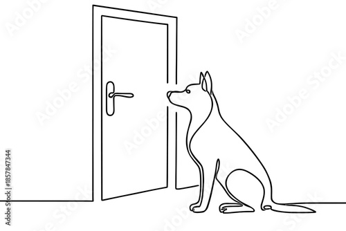Single line drawing of a dog sitting patiently by a closed door waiting to be let in