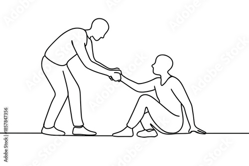 One line drawing of two people helping each other, one sitting and one standing
