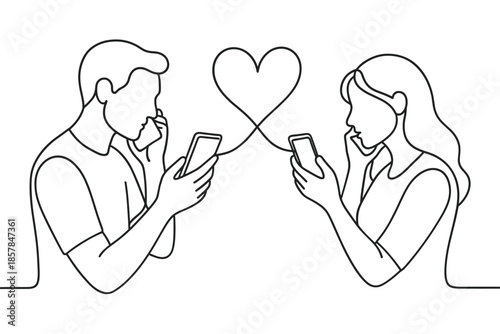 Couple communicating via smartphones with a heart symbol connecting them