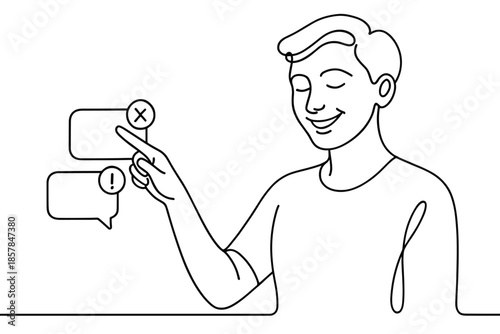 Man interacting with digital messages, choosing to delete one with a cross icon