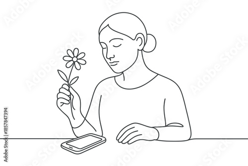 Minimalist line art of a woman holding a daisy with a smartphone on the table