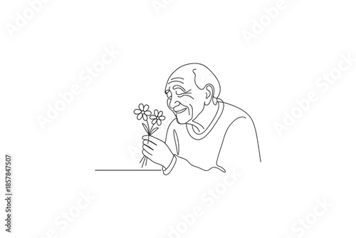 Elderly man with a gentle smile smells a small bouquet of daisies in a single line drawing