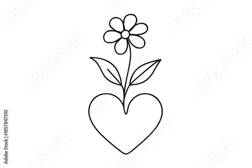 Simple line drawing of a flower growing from a heart shape with leaves