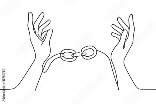 Abstract continuous line drawing of two hands holding a broken chain link