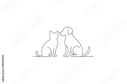 Minimalist line art of a cat and dog sitting together, facing each other