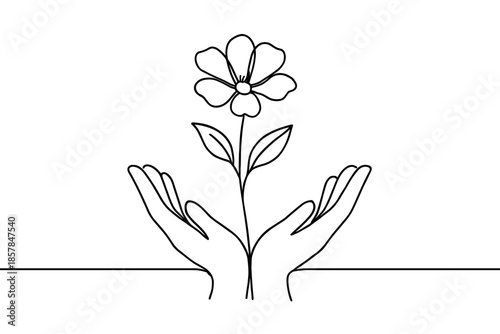 Delicate flower growing from cupped hands in a minimalist line art style