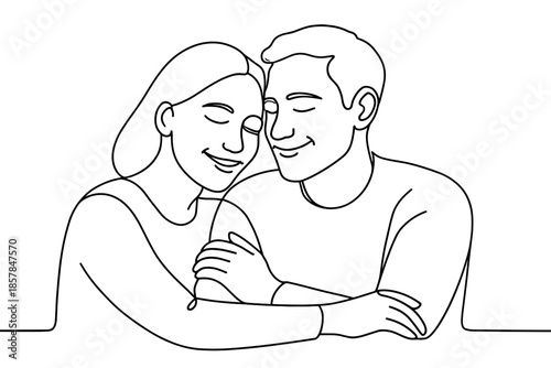 Couple embracing with eyes closed, conveying warmth and affection in a simple line art style