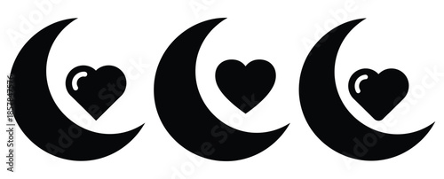 love moon silhouette icon set, black color and white background