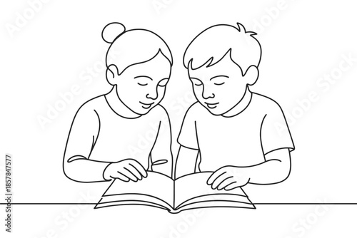 Two children, a boy and a girl, engrossed in reading a book together