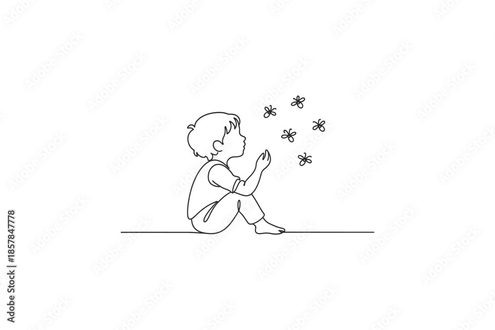 Fototapeta premium Simple line drawing of a child sitting and watching butterflies fly around them