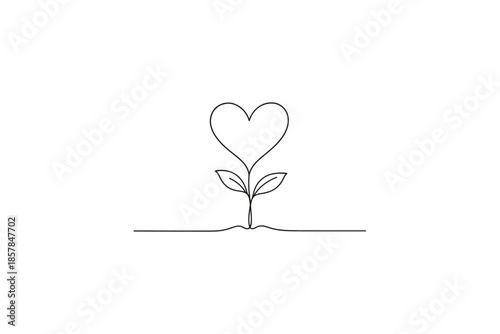 Minimalist heart-shaped plant growing from a single line on white background