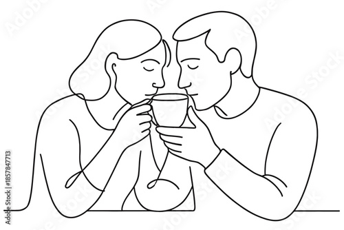 Couple sharing a drink from one cup, intimate moment, minimalist line art illustration
