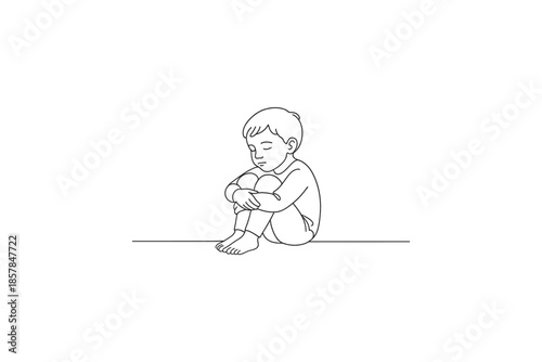 Sad child sitting alone with knees hugged to chest, minimalist line art illustration