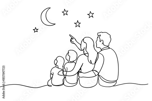 Family sitting together looking at the moon and stars in the night sky