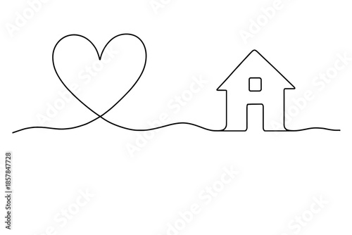 Minimalist continuous line drawing of a heart connected to a house on a wavy line
