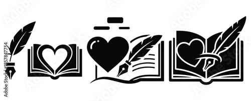 love poetry silhouette icon set, black color and white background